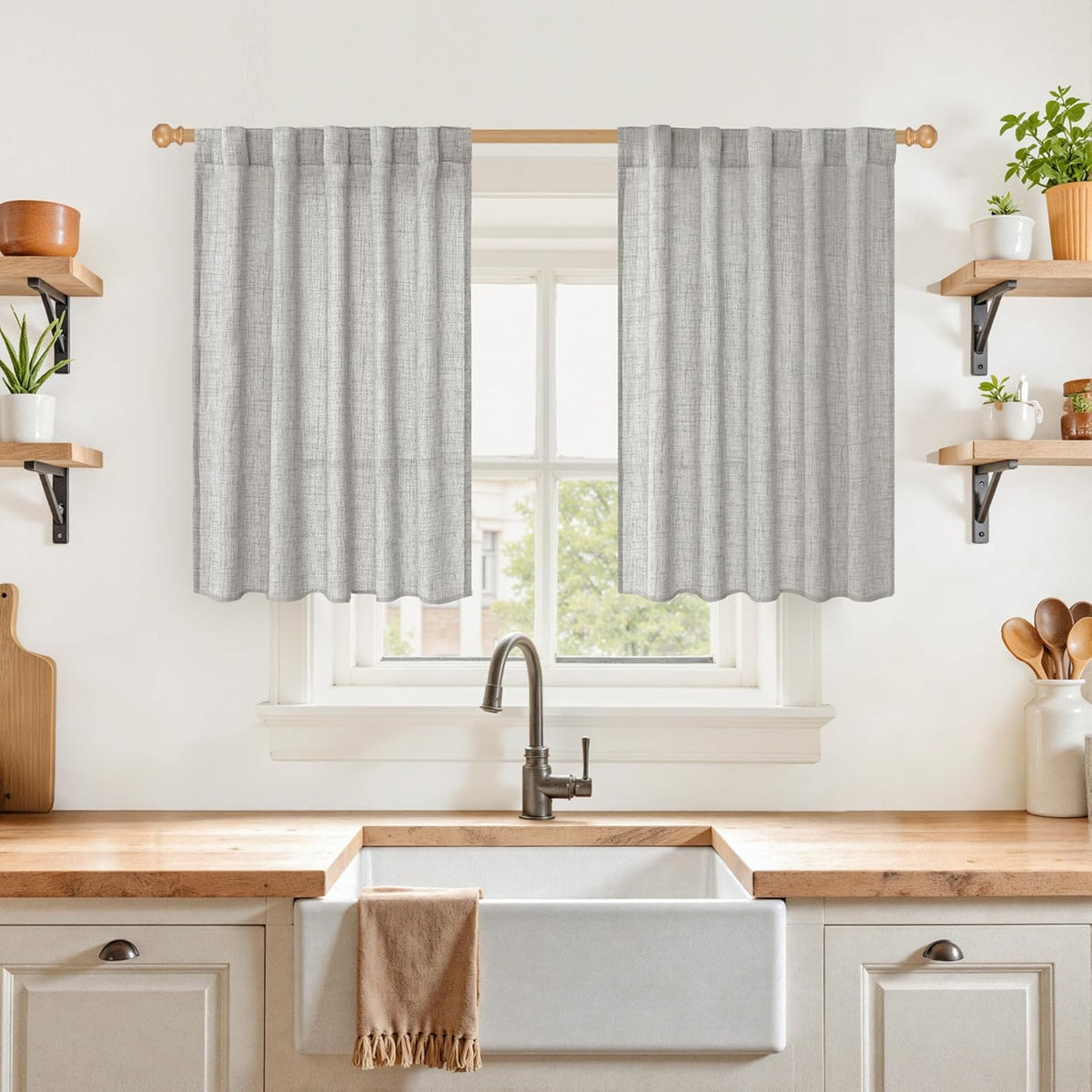 YoungsTex Dark Grey Linen Semi Sheer Curtains 36 Inch Length for Cafe Winow, Short Drapes Light