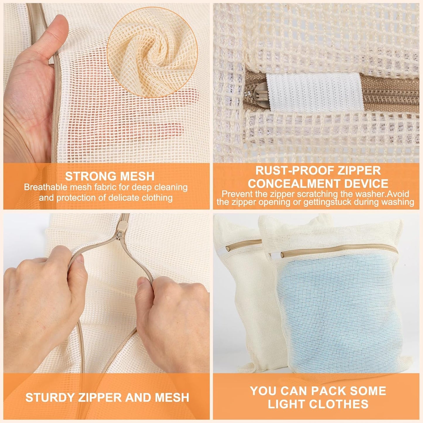 4-Piece Medium Durable Organic Cotton Mesh Laundry Bags with Sturdy Zippers and Breathable Mesh are