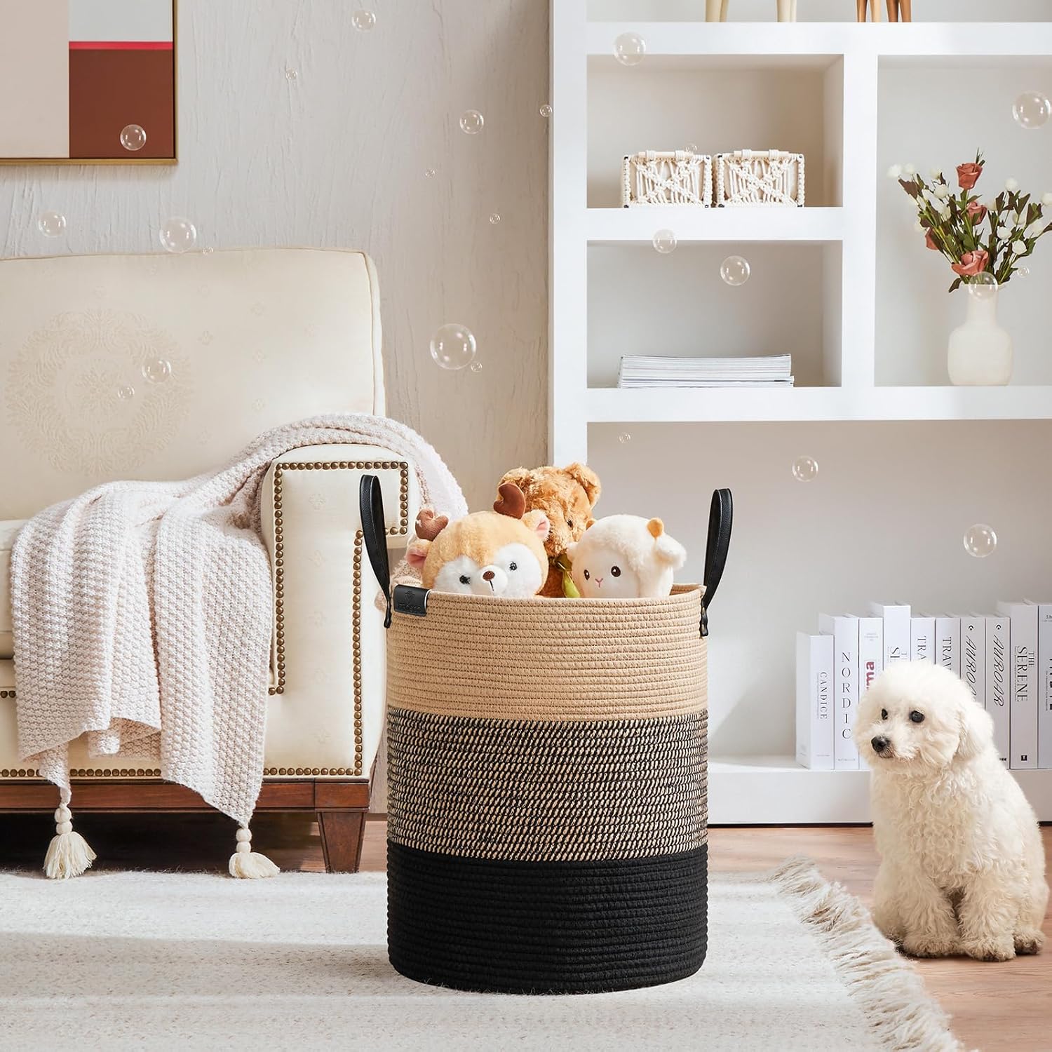 VIPOSCO Tall Laundry Basket, Large Dirty Clothes Hamper with Leather Handle, Woven Rope Storage