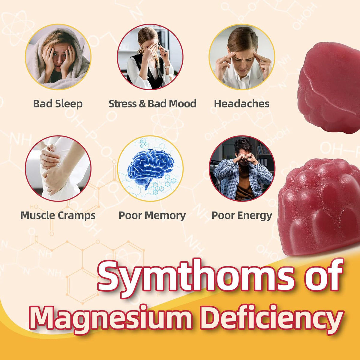 90 Count Magnesium Glycinate Gummies 400mg w/Ashwagandha Supplement - Sugar Free Zinc Magnesium
