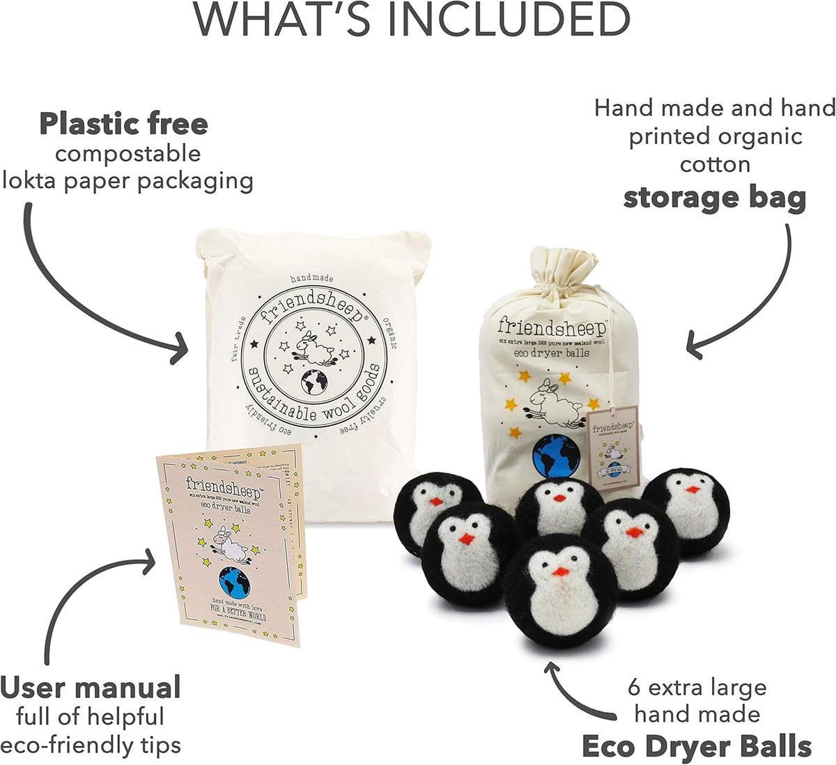 Friendsheep Wool Dryer Balls, Organic Fair Trade Reusable Fabric Softener, Extra Large, 6 Pack