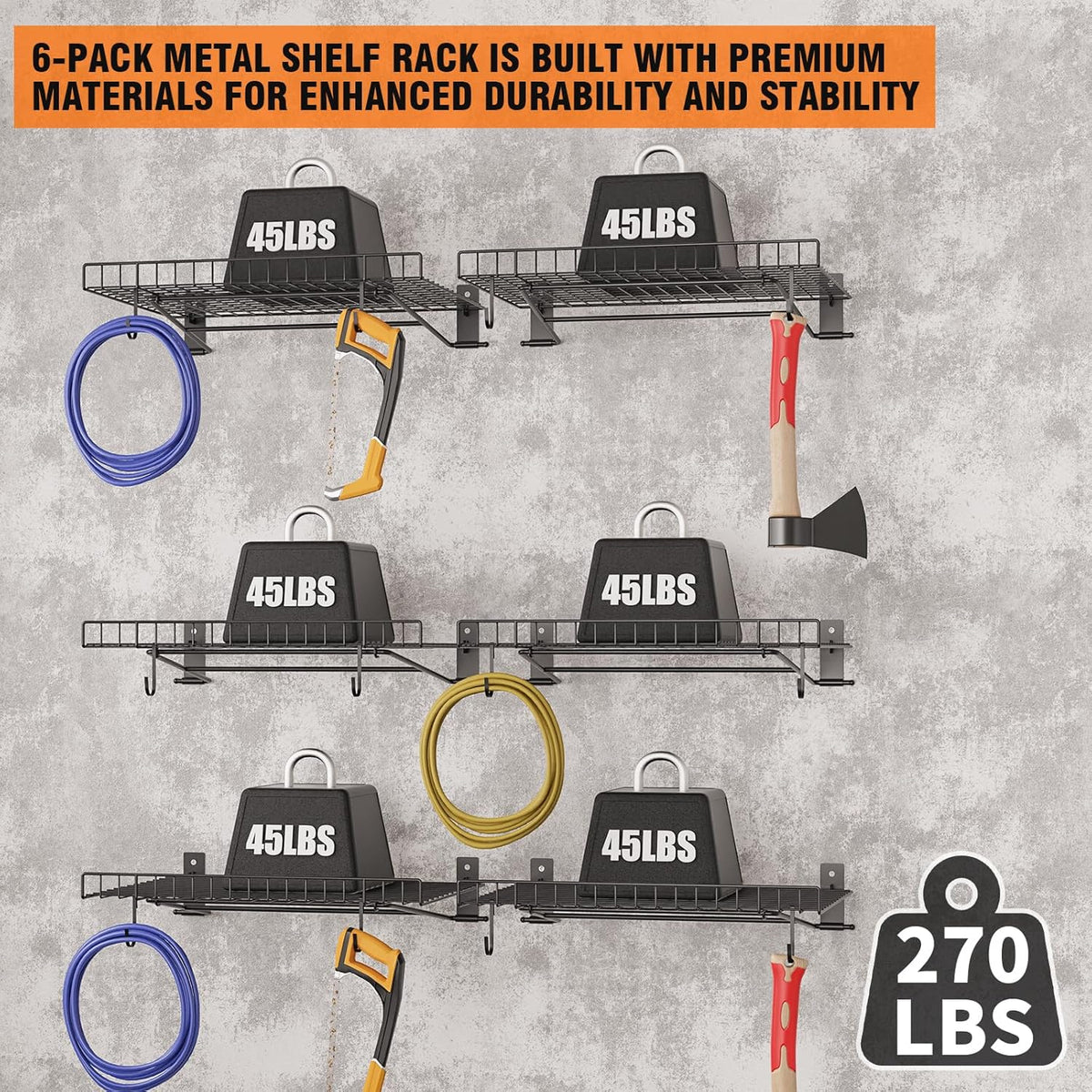 6 Pack Foldable Wall Shelf, Wall Mounted Garage Storage Shelves, Heavy Duty Wall Shelving Supports