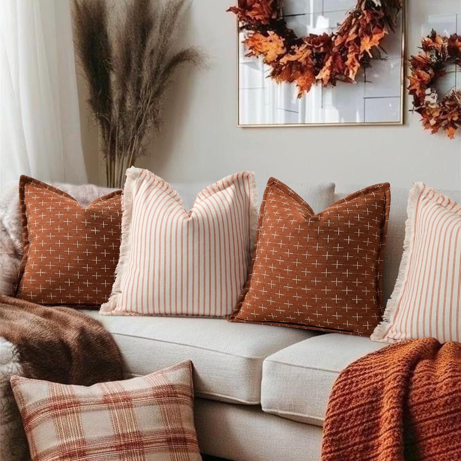 ZWJD Fall Throw Pillow Covers 26x26 Set of 2 Soft Polyester Textured Rust Pillow Covers with