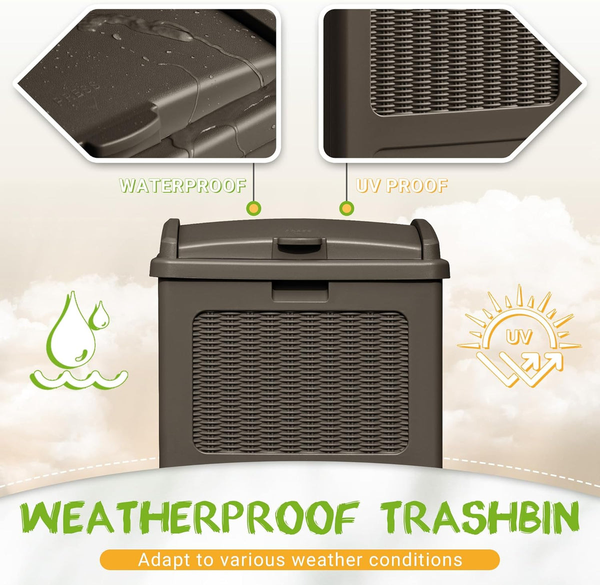YESHOMY 2 Pack Outdoor Trash Can with Lid, Garbage Bins for Garden, Porch, Home and Kitchen, Brown