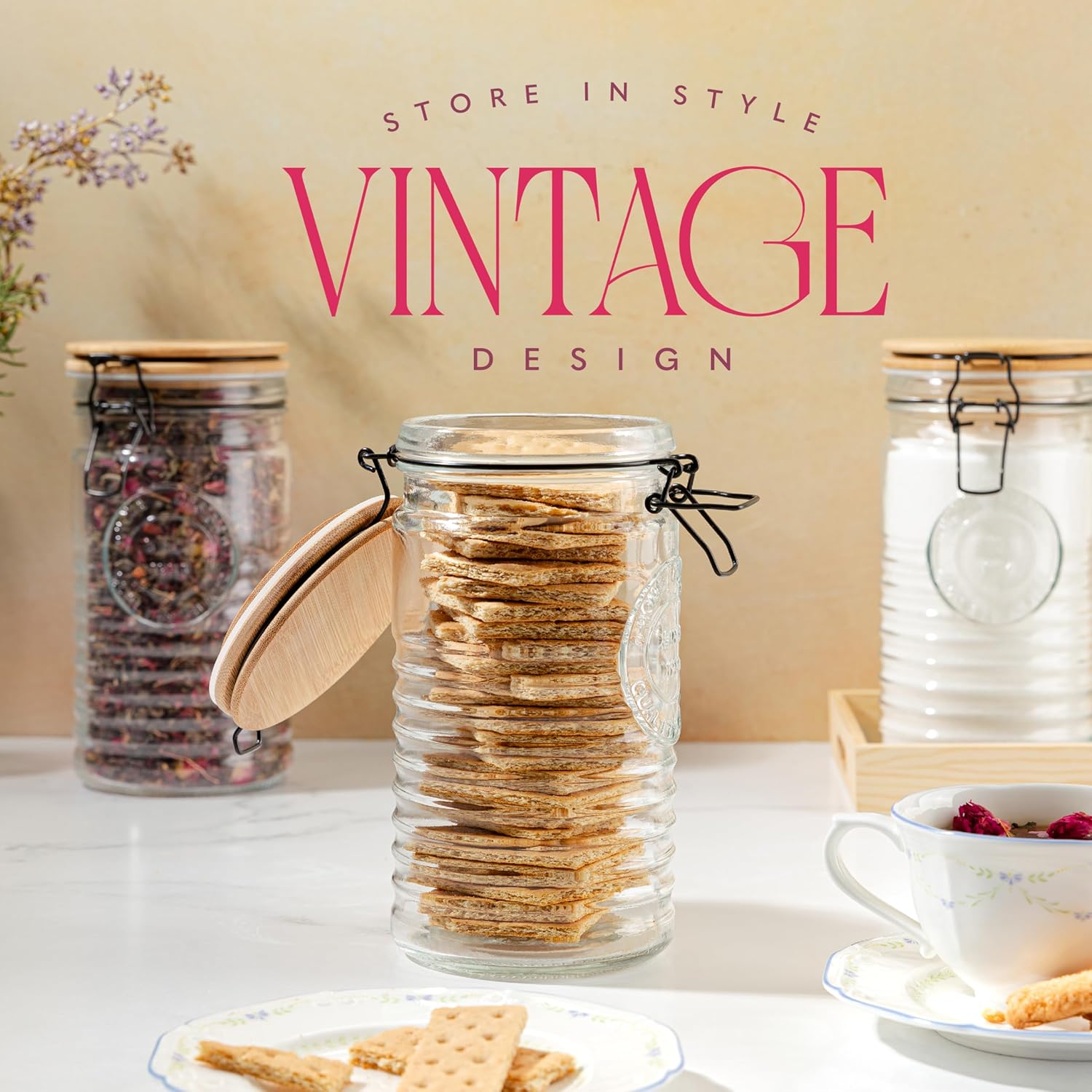 Glass Storage Containers with Airtight Lids - 40 Ounce Mason Jar Storage Containers for Cereal