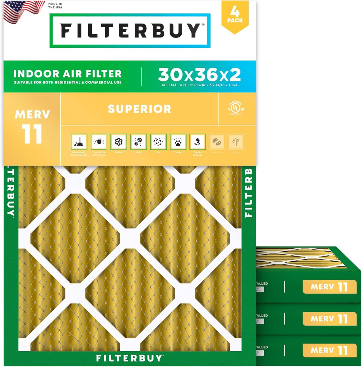 Filterbuy 30x36x2 Air Filter MERV 11 (MPR 1200) Allergen Defense Replacement (4-Pack)