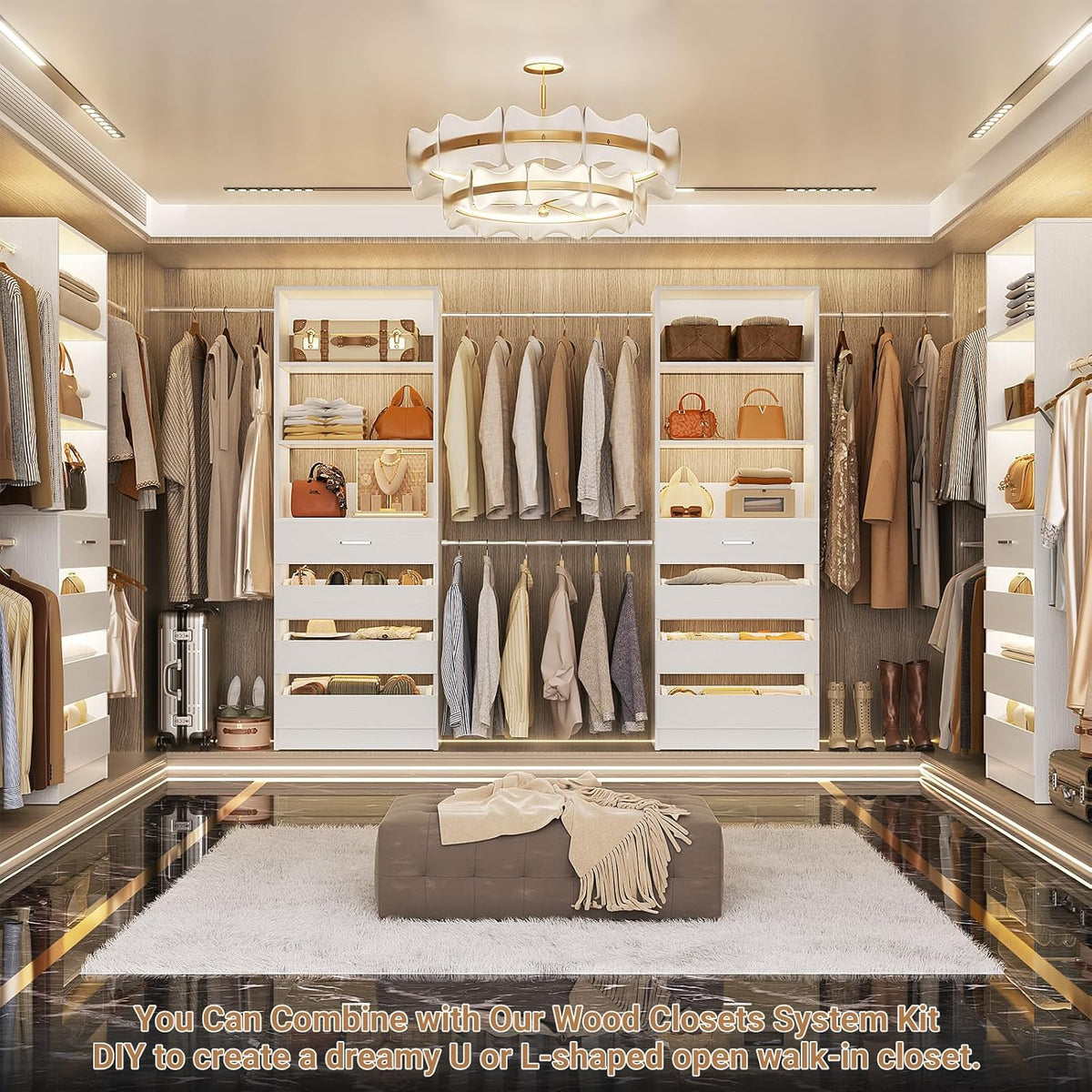 Aheaplus Closet System, 6-15Ft Closet Organizer with 8 Wooden Drawers, Wood Closet Organizer System