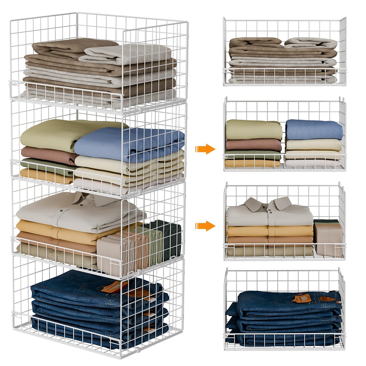 Yociyoga 4-Tier Stackable Closet Organizers and Storage Basket, Foldable Closet Shelf Organizer