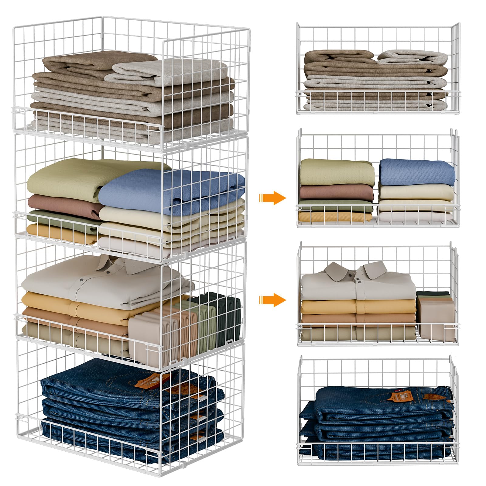 Yociyoga 4-Tier Stackable Closet Organizers and Storage Basket, Foldable Closet Shelf Organizer
