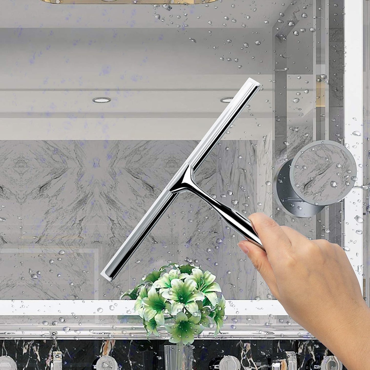 Ettori Shower Squeegee Clear Glass Wall Cleaner Stainless Steel with Suction Storage Hook -10''