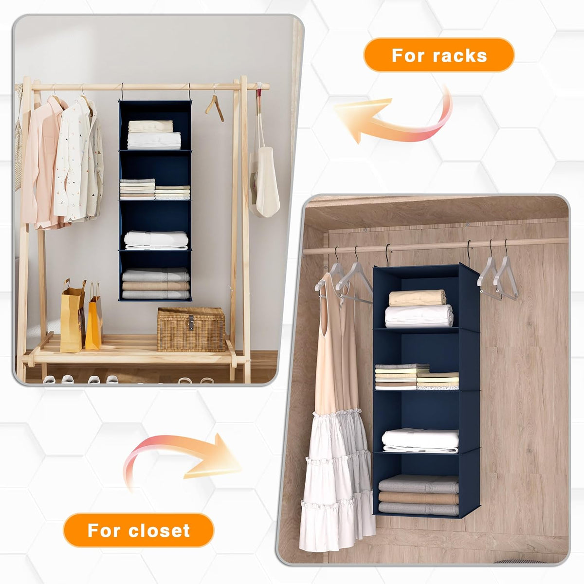 Hanging Closet Organizer - 4-Shelf, Easy Mount Foldable Wardrobe Storage Shelves for Clothes