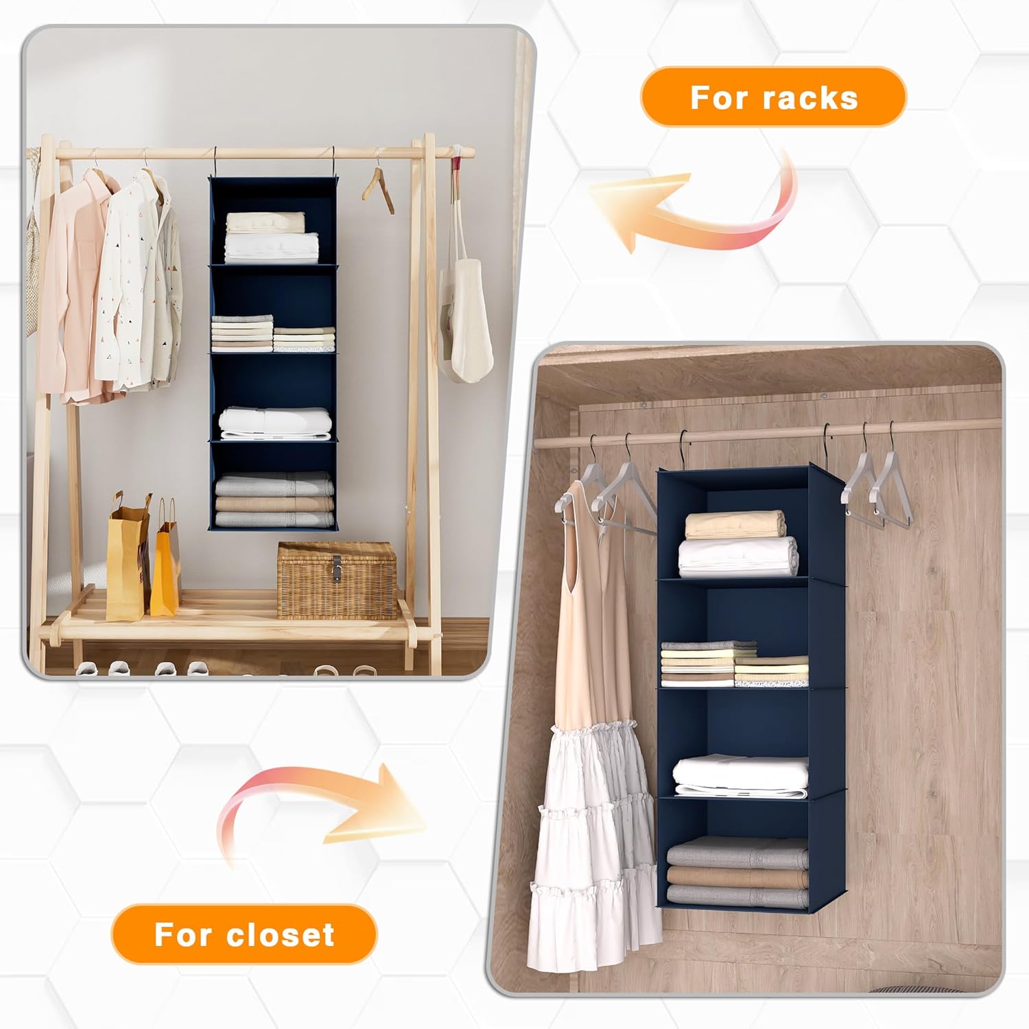 Hanging Closet Organizer - 4-Shelf, Easy Mount Foldable Wardrobe Storage Shelves for Clothes