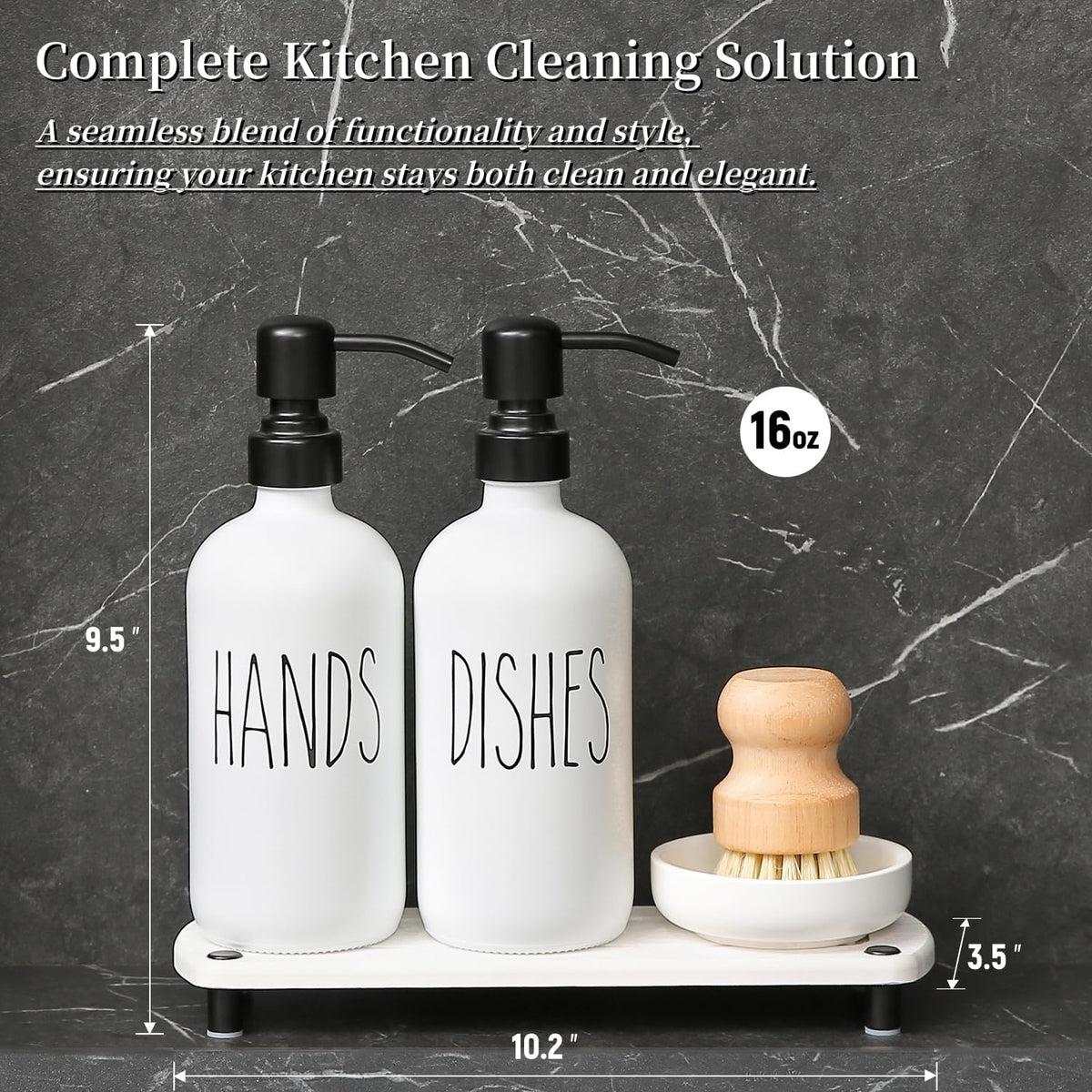 MOMEEMO White Soap Dispenser Set Comes with Stainless Steel Pumps, Instant Dry Tray, and Dish Scrub