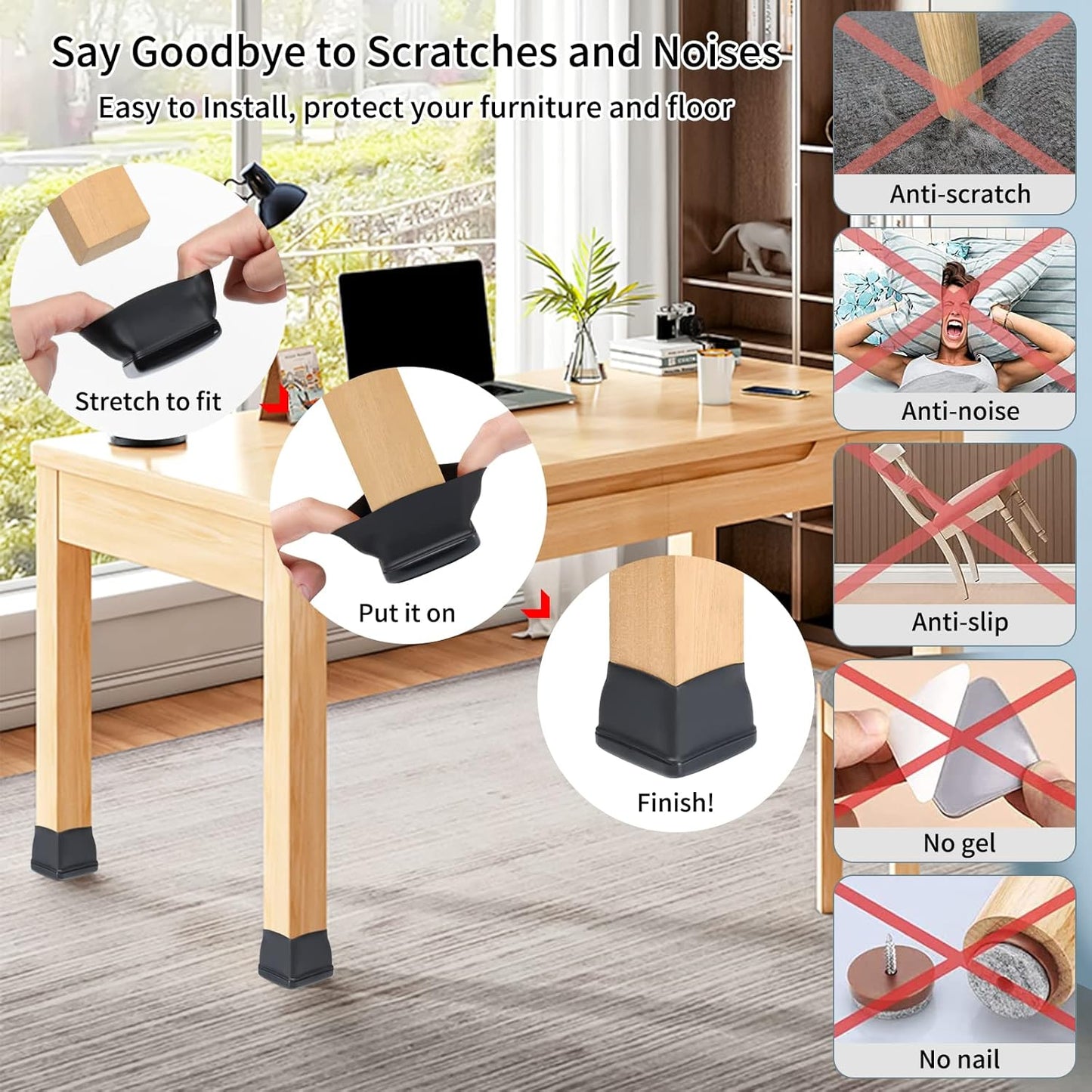 Ezprotekt 24 Pcs Large Chair Leg Sliders for Carpet, Square Black Teflon Furniture Glides Pads Caps