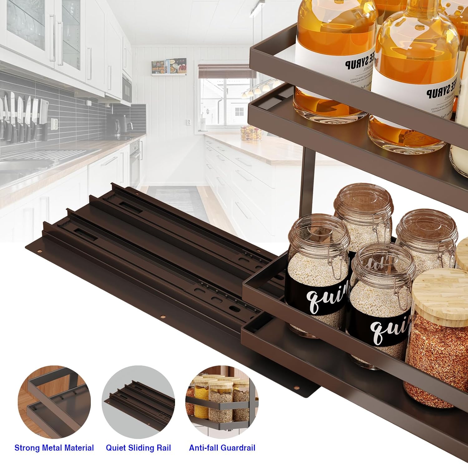 2 Pack Pull Out Spice Rack Organizer for Cabinet, 2 Tier Metal Slide Out Seasoning Organizer and