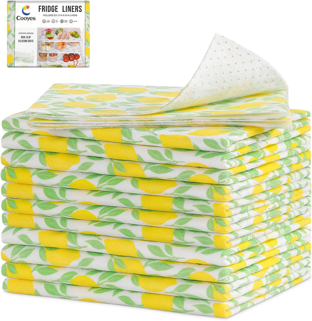 Cooyes 12 Pack Polyester Shelf Liners for Kitchen Cabinets, 12" × 24", Non-Slip Refrigerator Liners