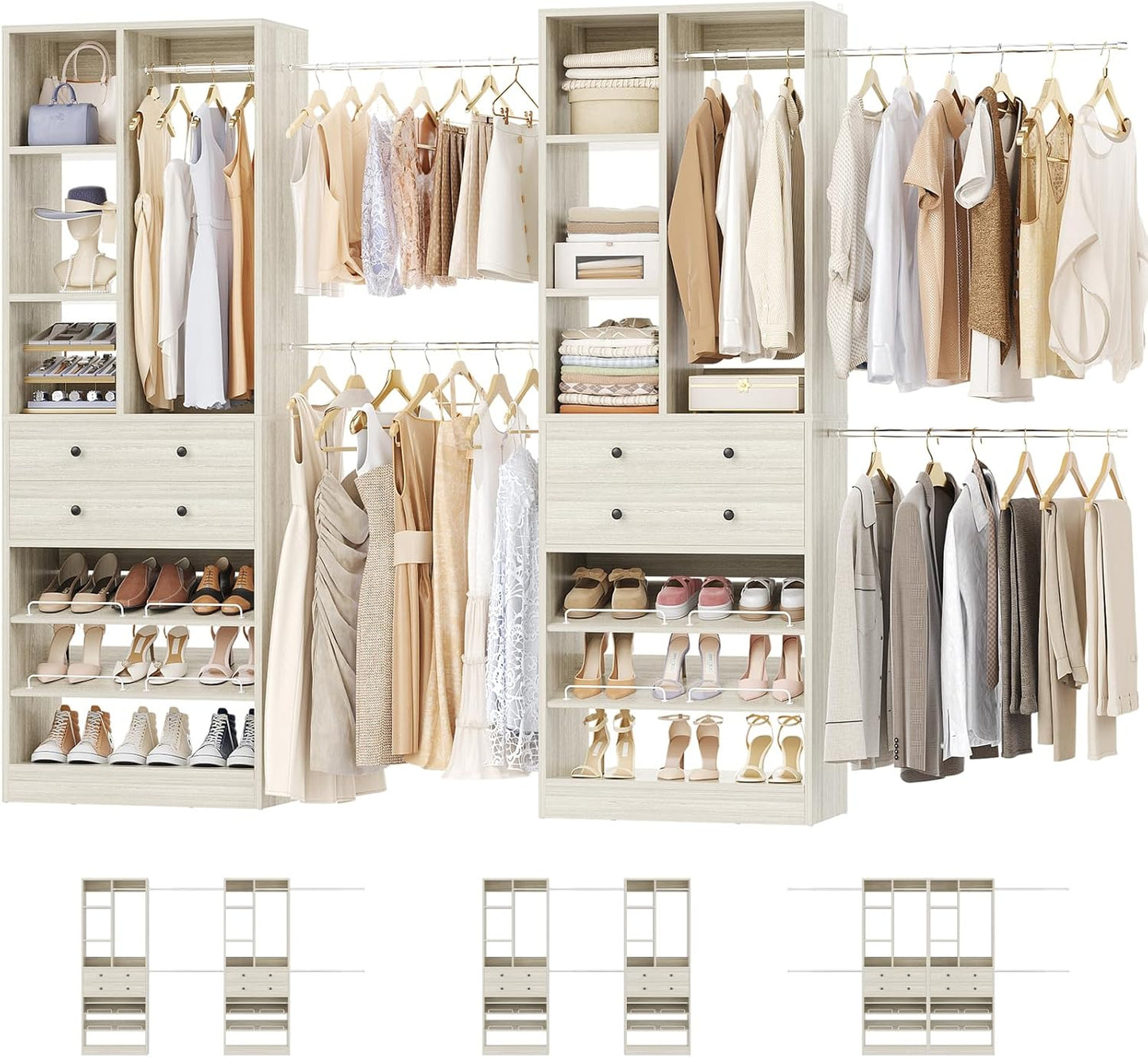 Closet System, Up to 134"/11.2 FT Closet Organizer with 4 Wooden Drawers and Shelves, Walk-in