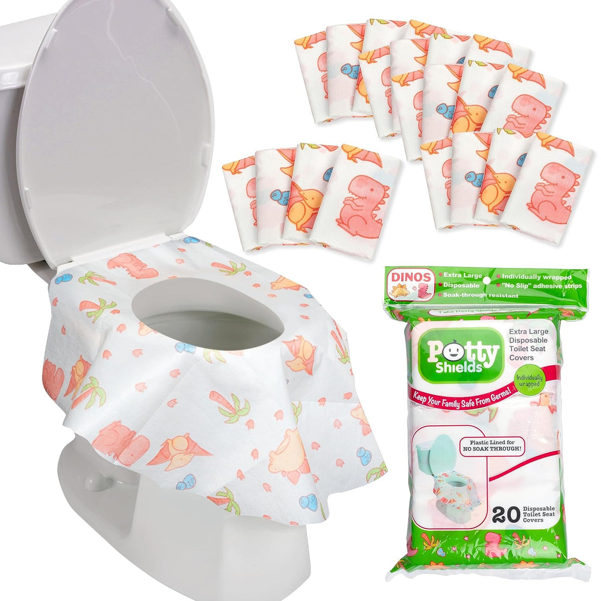 Toilet Seat Covers Disposable (20 pk, Dinosaurs) - XL Waterproof Toilet Cover for Toddlers, Kids &