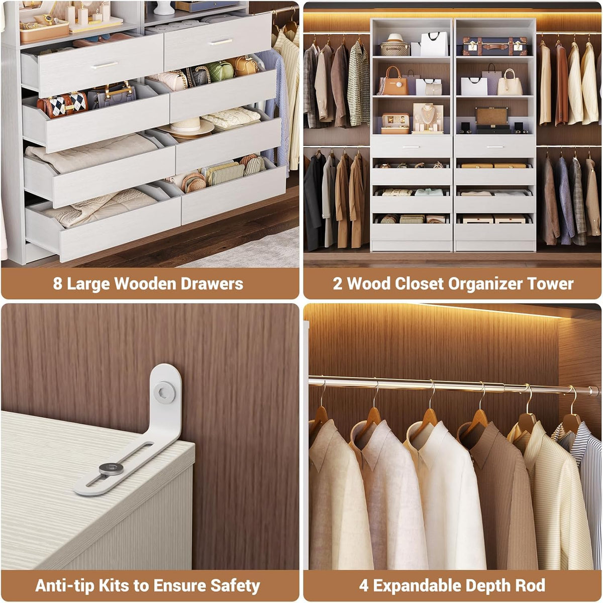 Aheaplus Closet System, 6-15Ft Closet Organizer with 8 Wooden Drawers, Wood Closet Organizer System