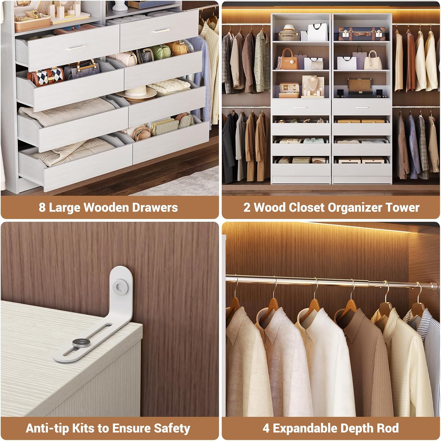 Aheaplus Closet System, 6-15Ft Closet Organizer with 8 Wooden Drawers, Wood Closet Organizer System