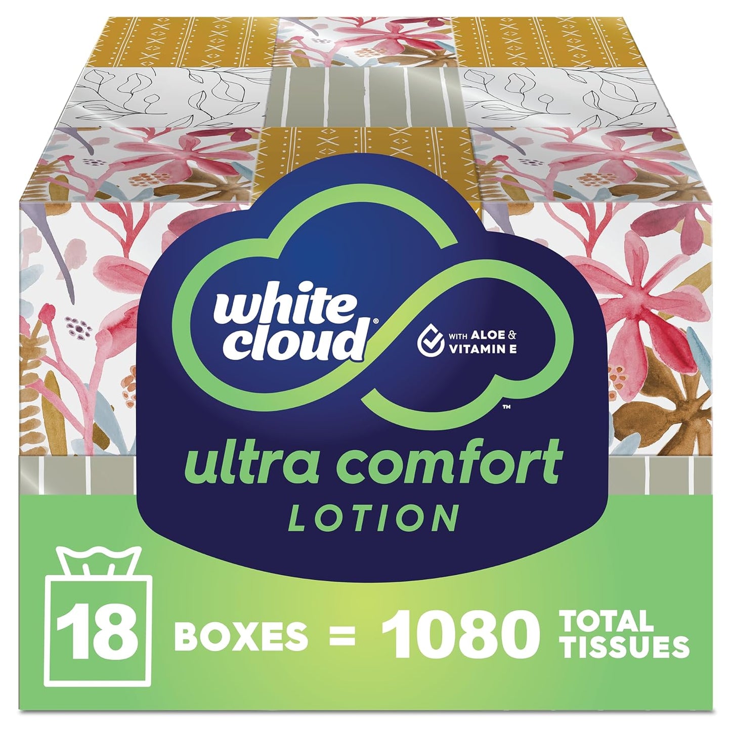 White Cloud Ultra Comfort Lotion 3-Ply Facial Tissue with Aloe & Vitamin E, 18 Box Multipack, 60