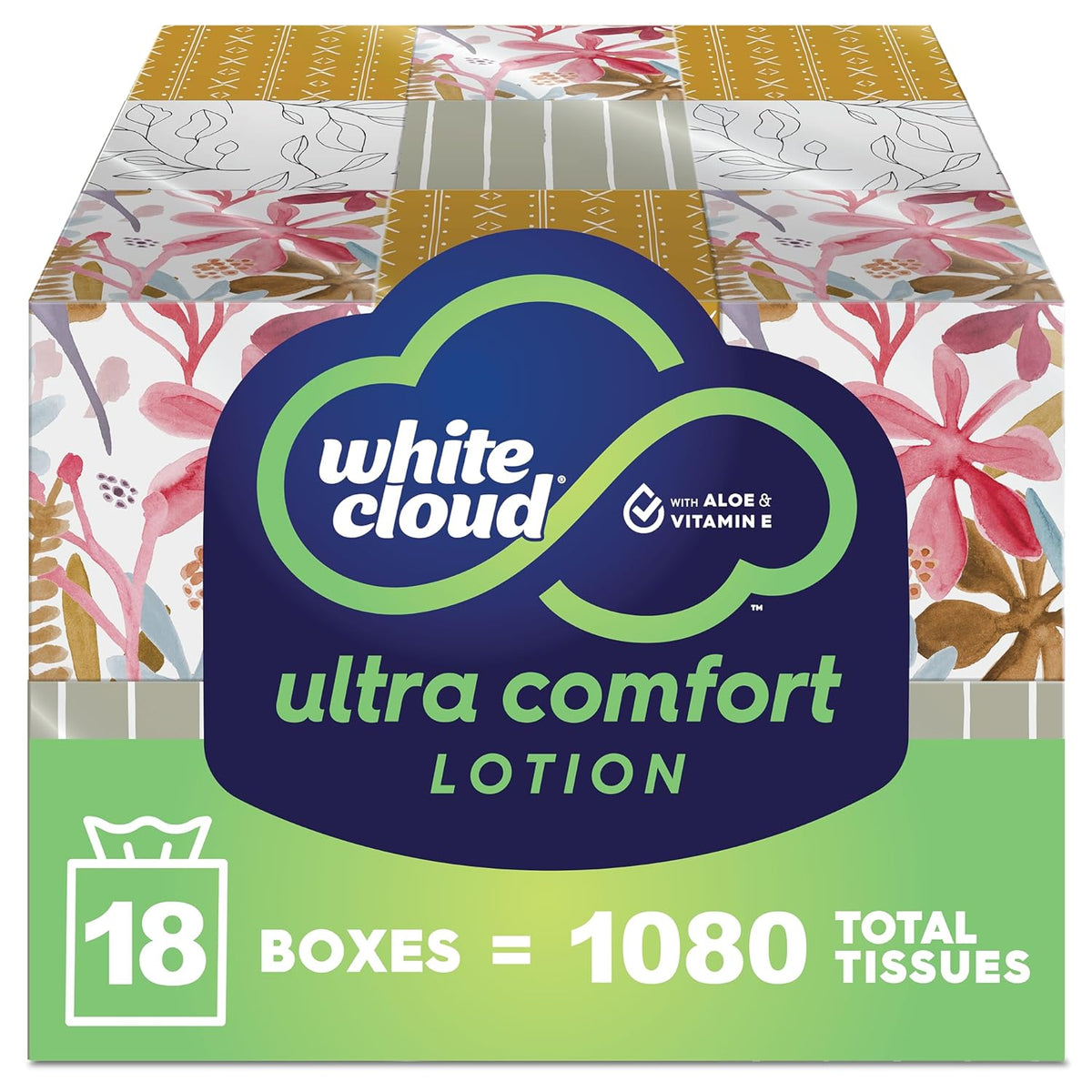 White Cloud Ultra Comfort Lotion 3-Ply Facial Tissue with Aloe & Vitamin E, 18 Box Multipack, 60