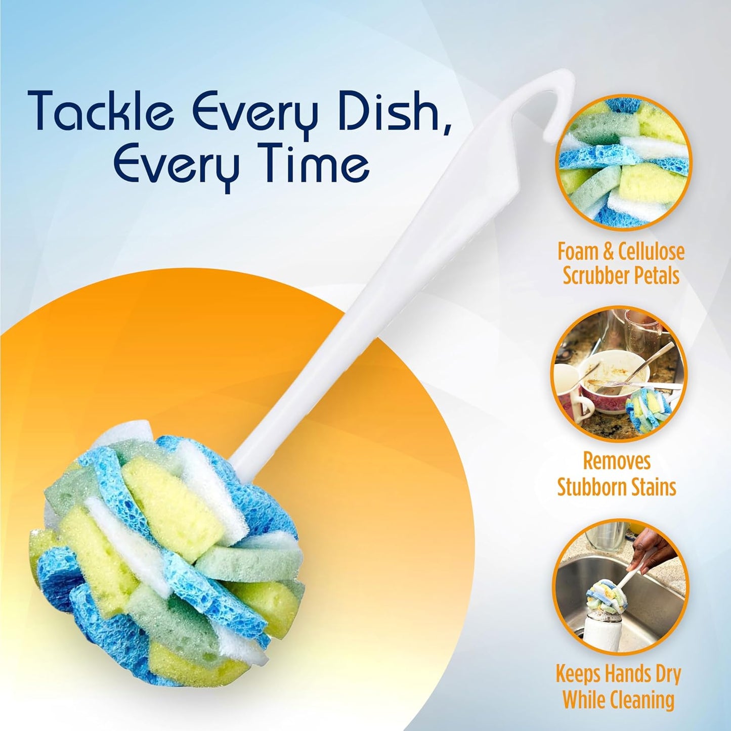Compac Home Dish SpongeWand Plus Tri Surface Scrubbing Sponge with Cello Foam Scour Sponge Petals