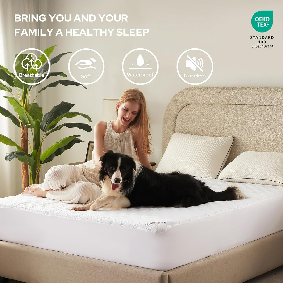 BEDLORE Waterproof Mattress Protector, Queen Size Noiseless Mattress Pad with Deep Pocket Fitted Up