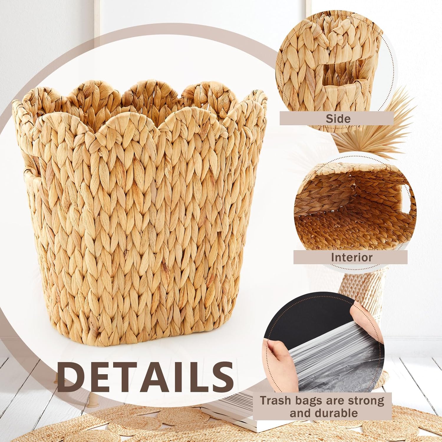 2 Pcs Wicker Trash Can with 50 Small Trash Bag Wicker Waste Woven Basket with Handles Clear Multi