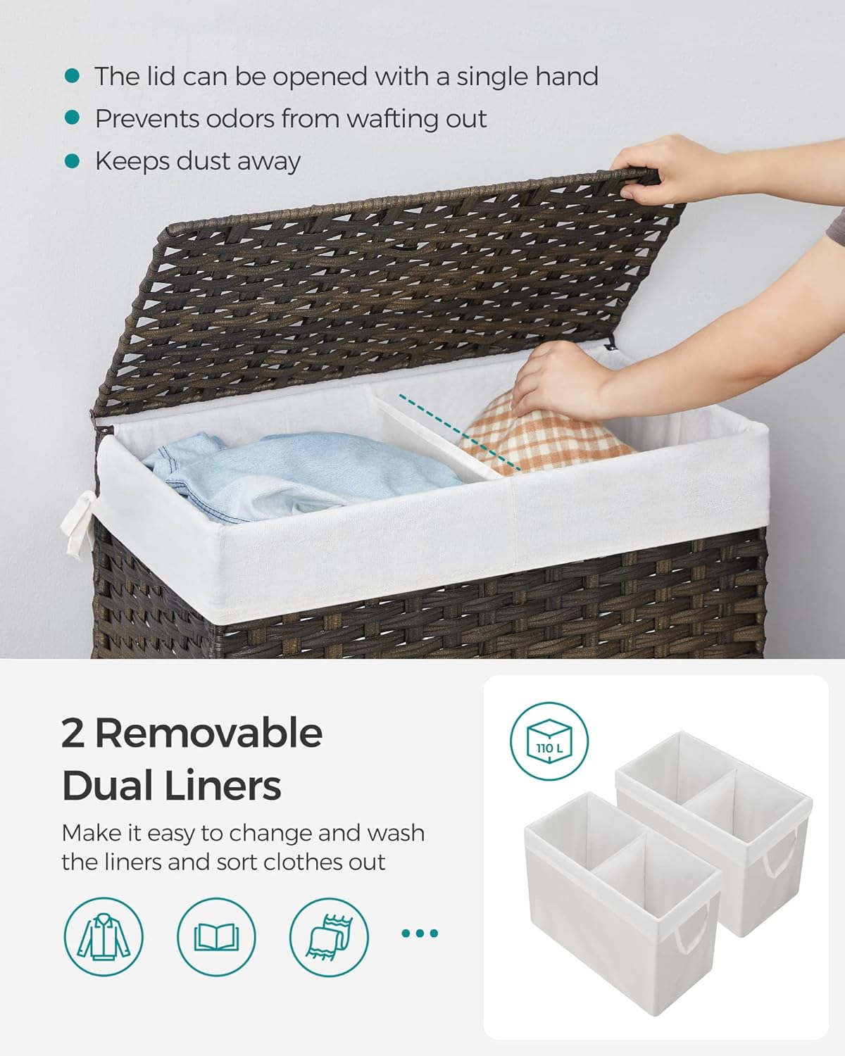 SONGMICS Laundry Hamper with Lid, 110L Clothes Hamper with 2 Removable Liner Bags, 6 Mesh Bags