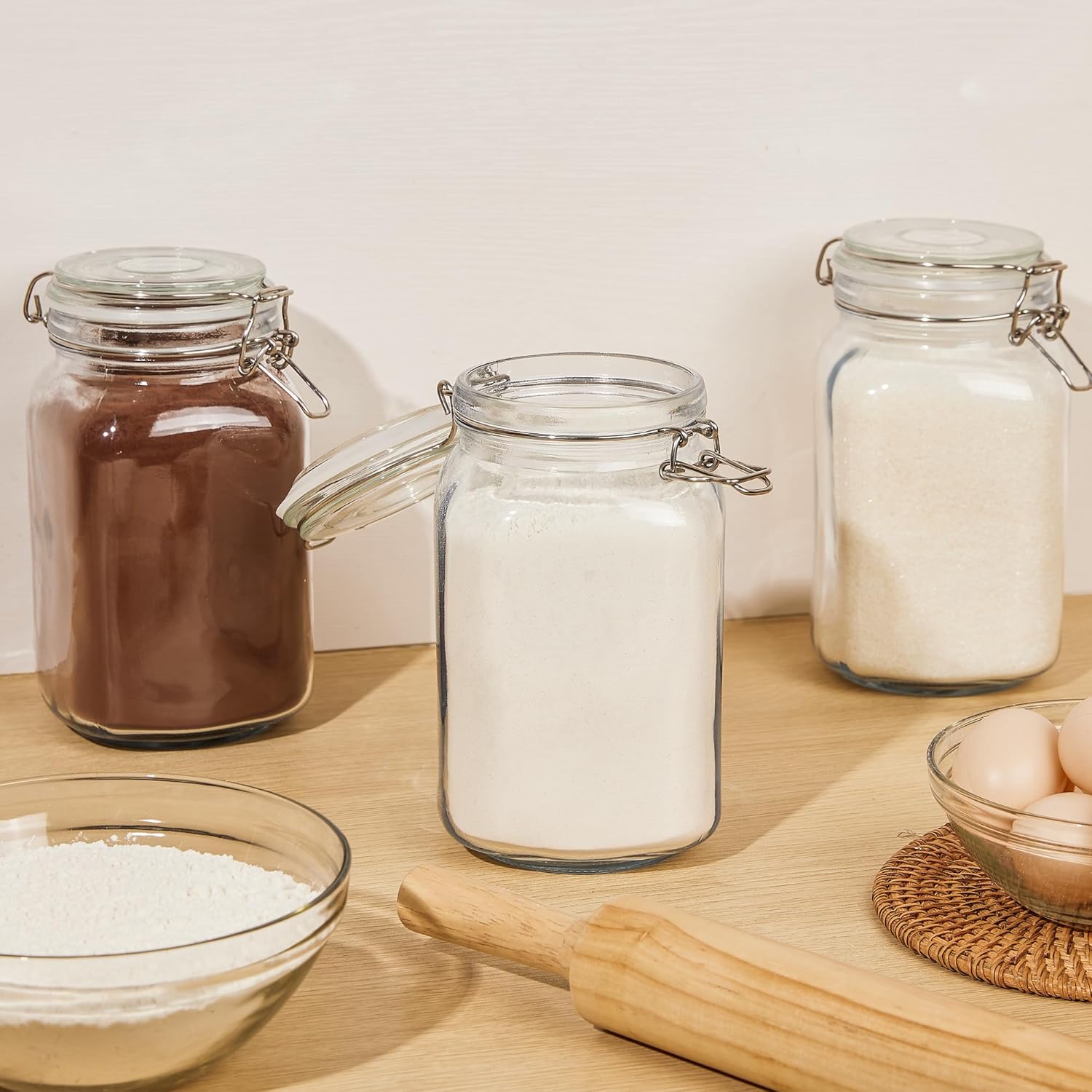CHEFSTORY 50oz Airtight Glass Jars with Lids, 3 PCS Food Storage Canister for Kitchen & Pantry
