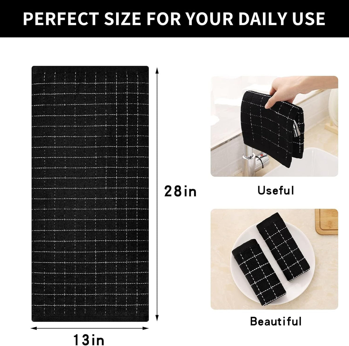Homaxy 100% Cotton Terry Kitchen Towels(Black, 13 x 28 inches), Checkered Designed, Soft and Super
