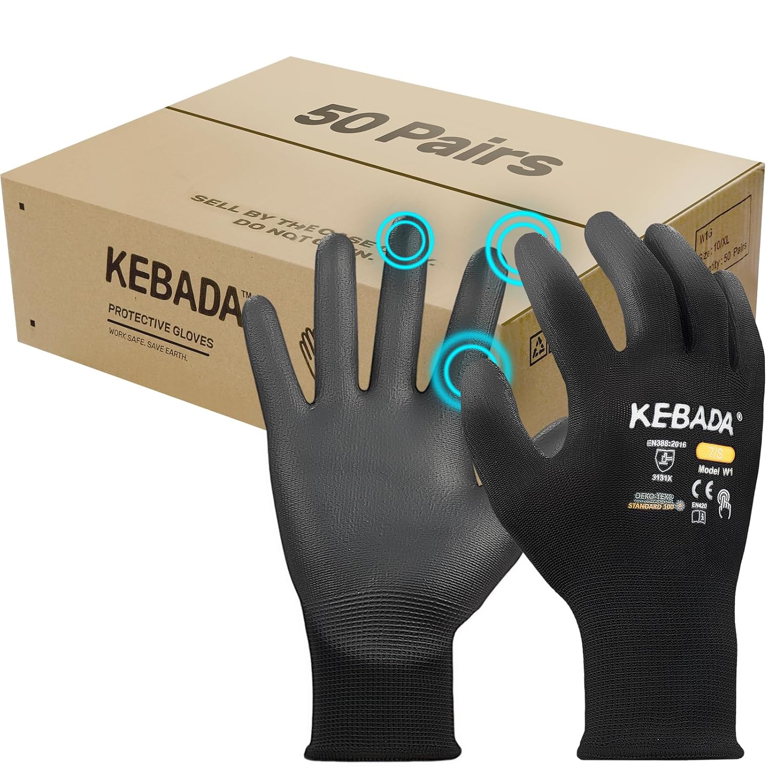 Kebada W1 Safety Work Gloves, PU Coated Touch Screen Work Gloves with Grip, Bulk Pack Working