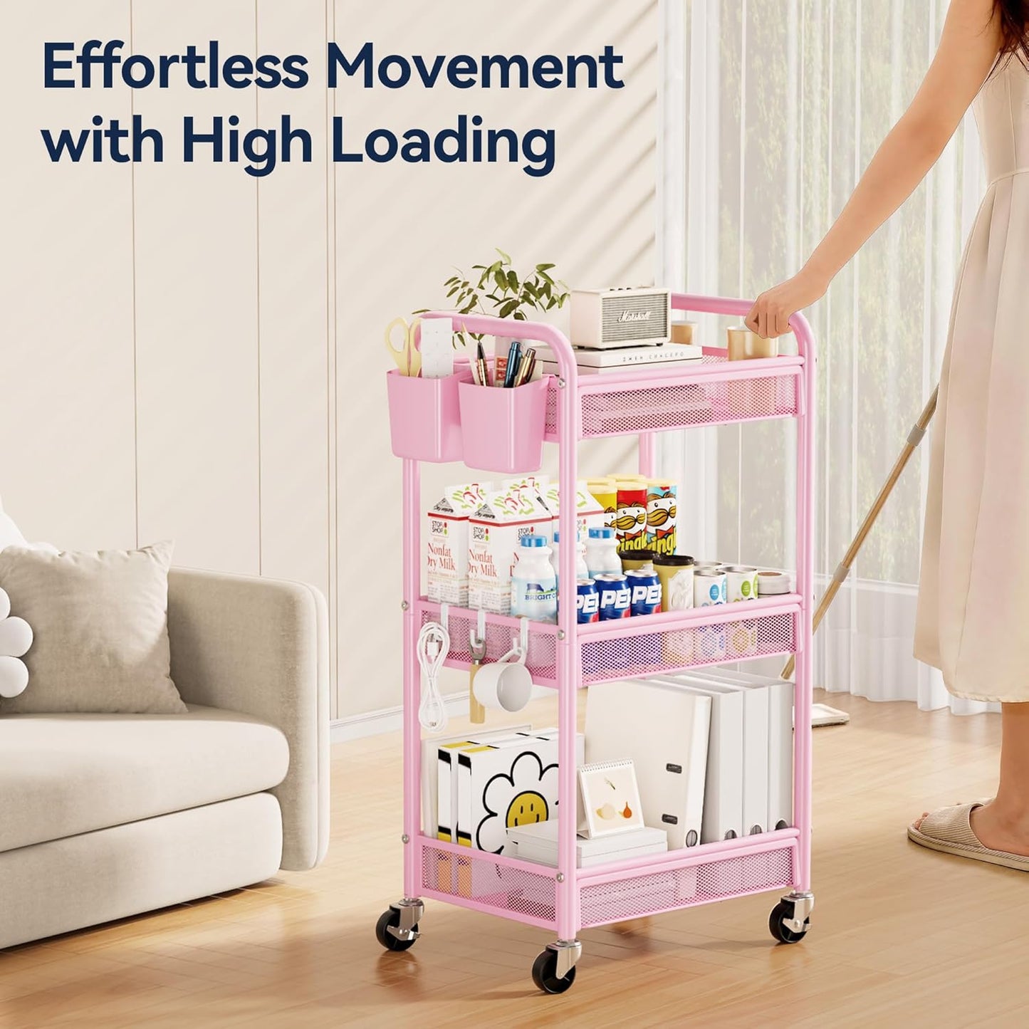 YASONIC 3 Tier Rolling Cart – Metal Utility Storage Cart with Wheels, Craft Cart Organizer with