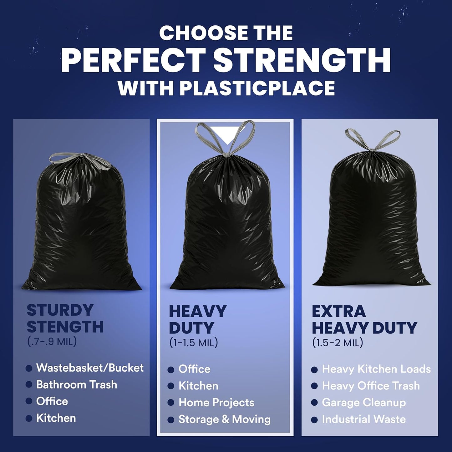 Plasticplace 13 gallon Extra Tall Drawstring Kitchen Trash Bags | Black 1.2 Mil, 24"W x 31"H