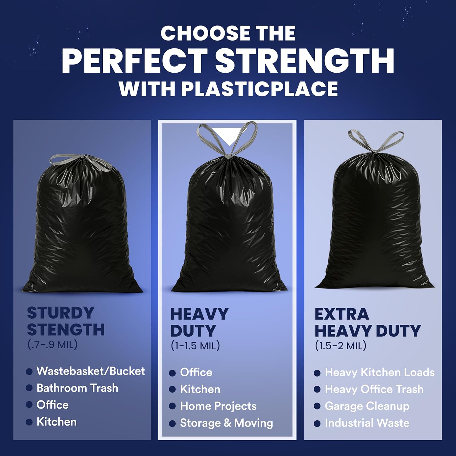 Plasticplace 13 gallon Extra Tall Drawstring Kitchen Trash Bags | Black 1.2 Mil, 24"W x 31"H
