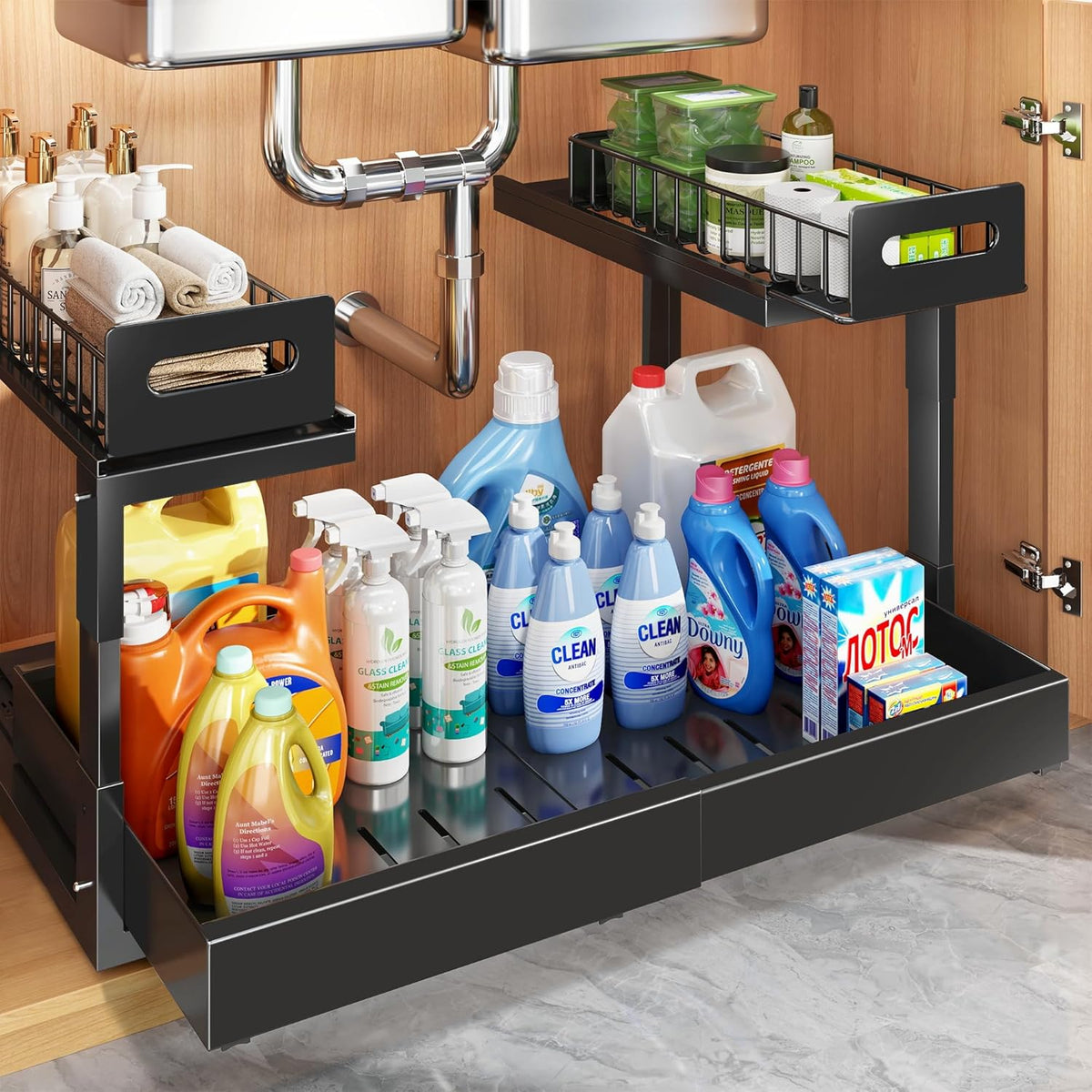 1 Pack Expandable Under Sink Organizers And Storage With Upgrade Ball-Bearing Slide Tracks,2-Tier