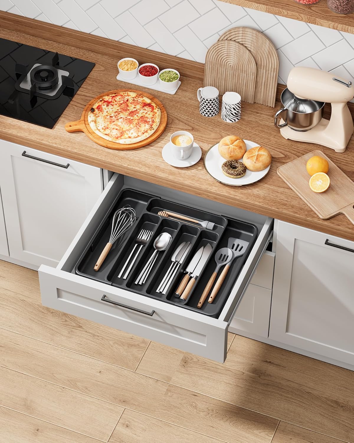 Kitsure Cutlery Drawer Organiser for Kitchen - Adjustable Cutlery Tray for Effortless Utensil