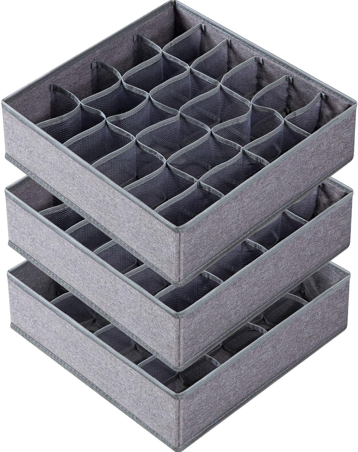 Criusia 3 Pack Sock Underwear Drawer Organizer Dividers, 64 Cell Fabric Foldable Dresser Organizer