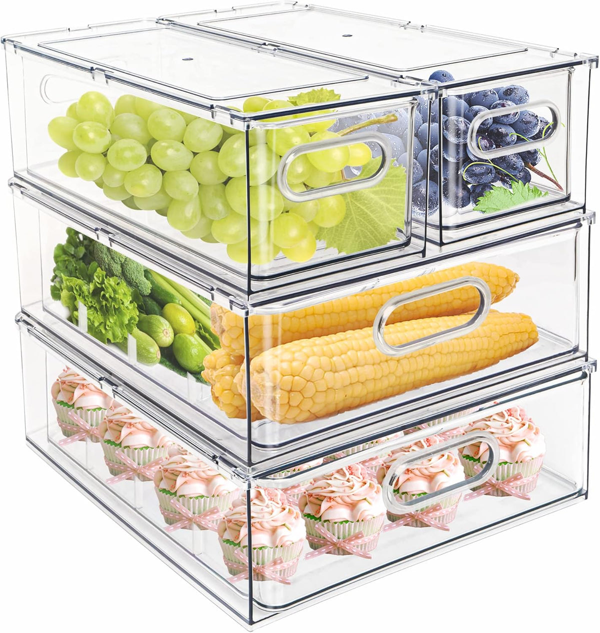 MineSign 4 pack Stackable Refrigerator Organizer Bins Pull-Out Drawers for Fruit and Veggies