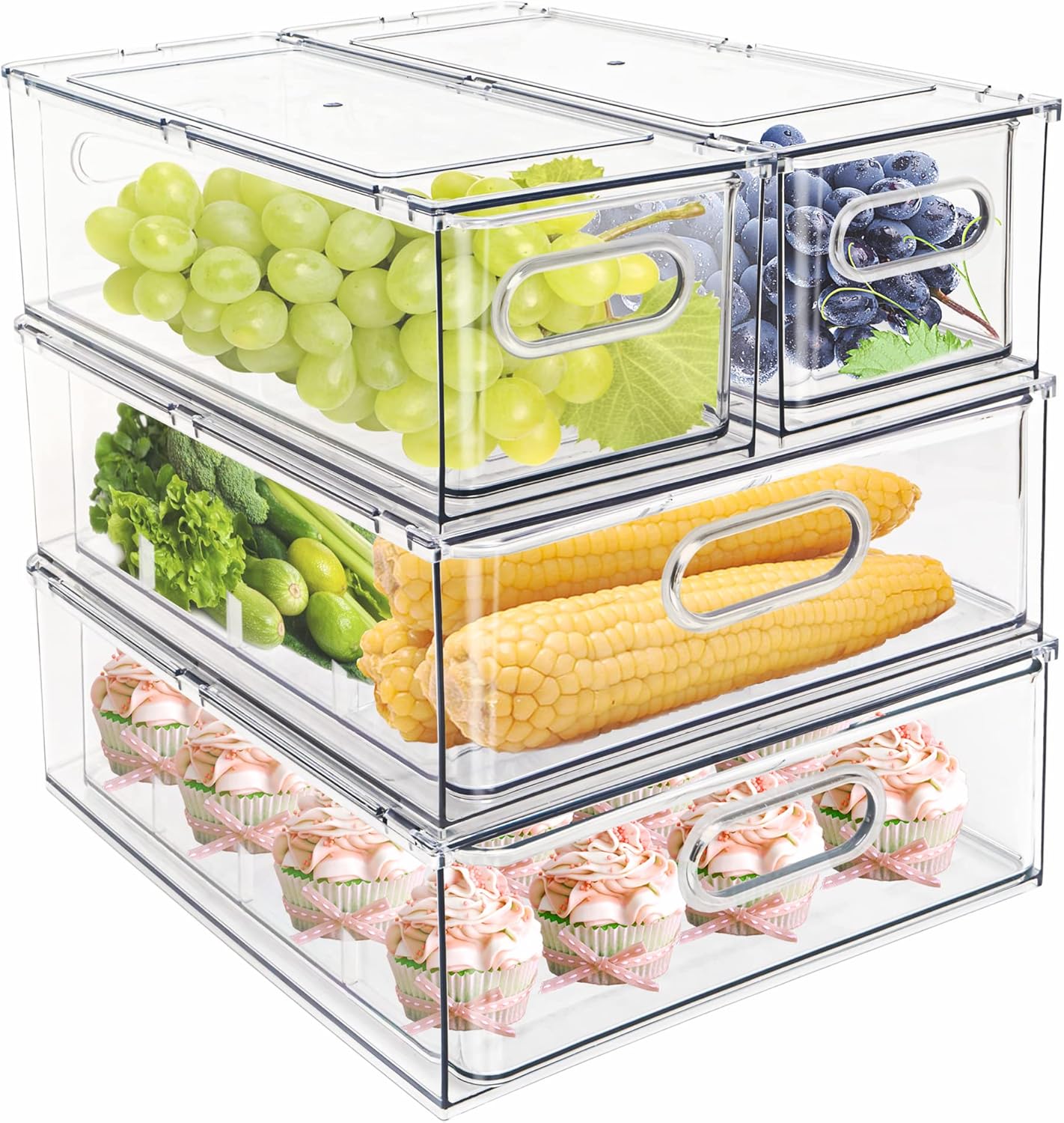 MineSign 4 pack Stackable Refrigerator Organizer Bins Pull-Out Drawers for Fruit and Veggies