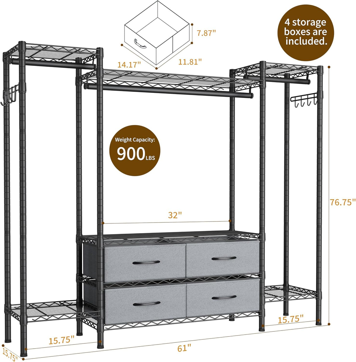 Large Garment Rack Heavy Duty Clothes Rack,Freestanding Closet Portable Clothing Rack with 8