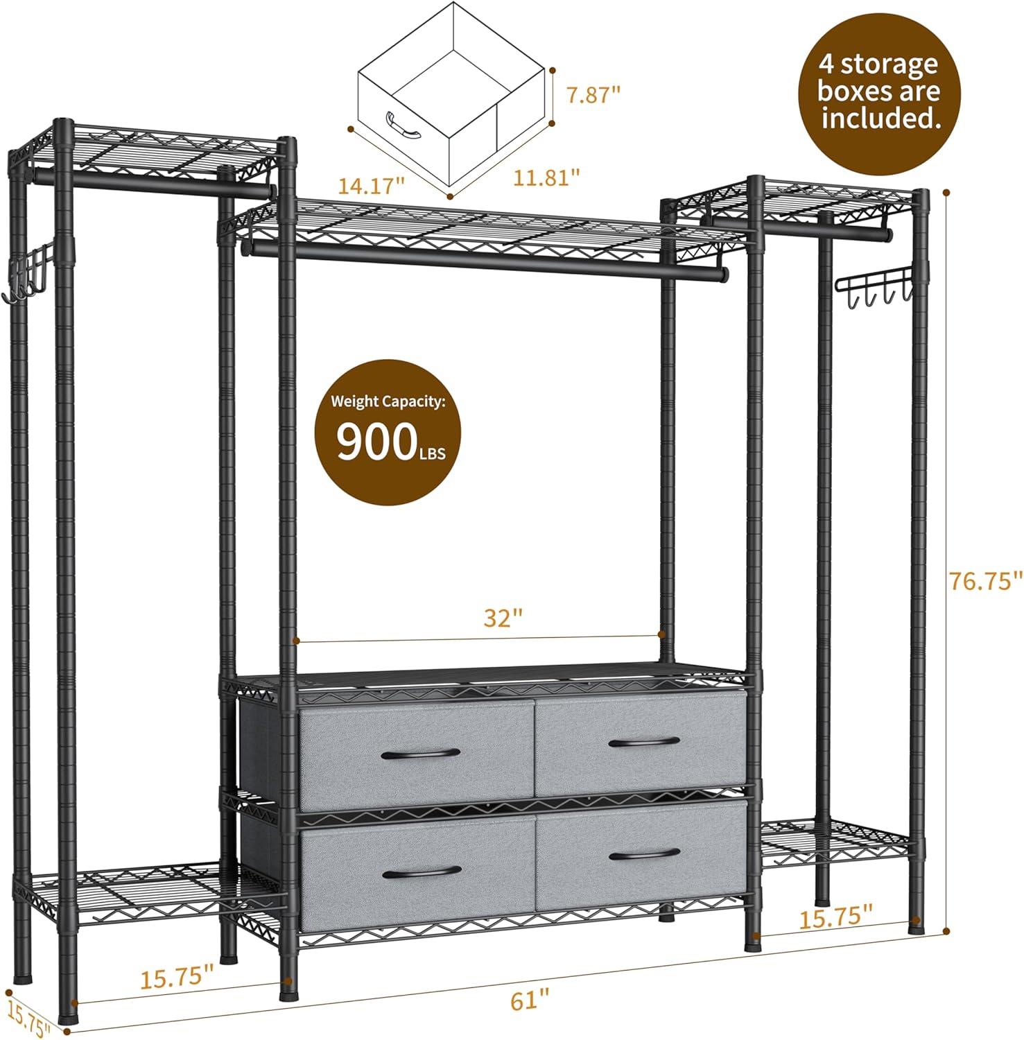 Large Garment Rack Heavy Duty Clothes Rack,Freestanding Closet Portable Clothing Rack with 8