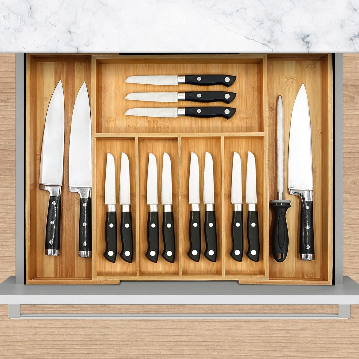 VaeFae Premium Bamboo Drawer Organizer, Expandable Silverware Drawer Organizer, Cutlery Tray with