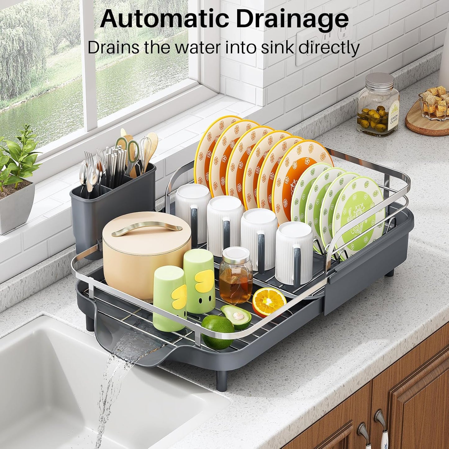 SAYZH Dish Drying Rack - Expandable Dish Rack for Kitchen Counter, Rust-Resistant Dish Drainer with