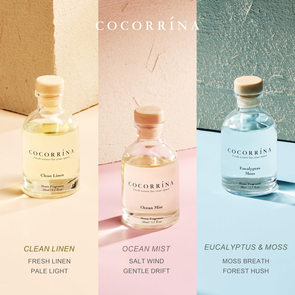 COCORRÍNA Eucalyptus Reed Diffuser Set of 3 - Eucalyptus & Moss, Clean Linen, Ocean Mist Scents