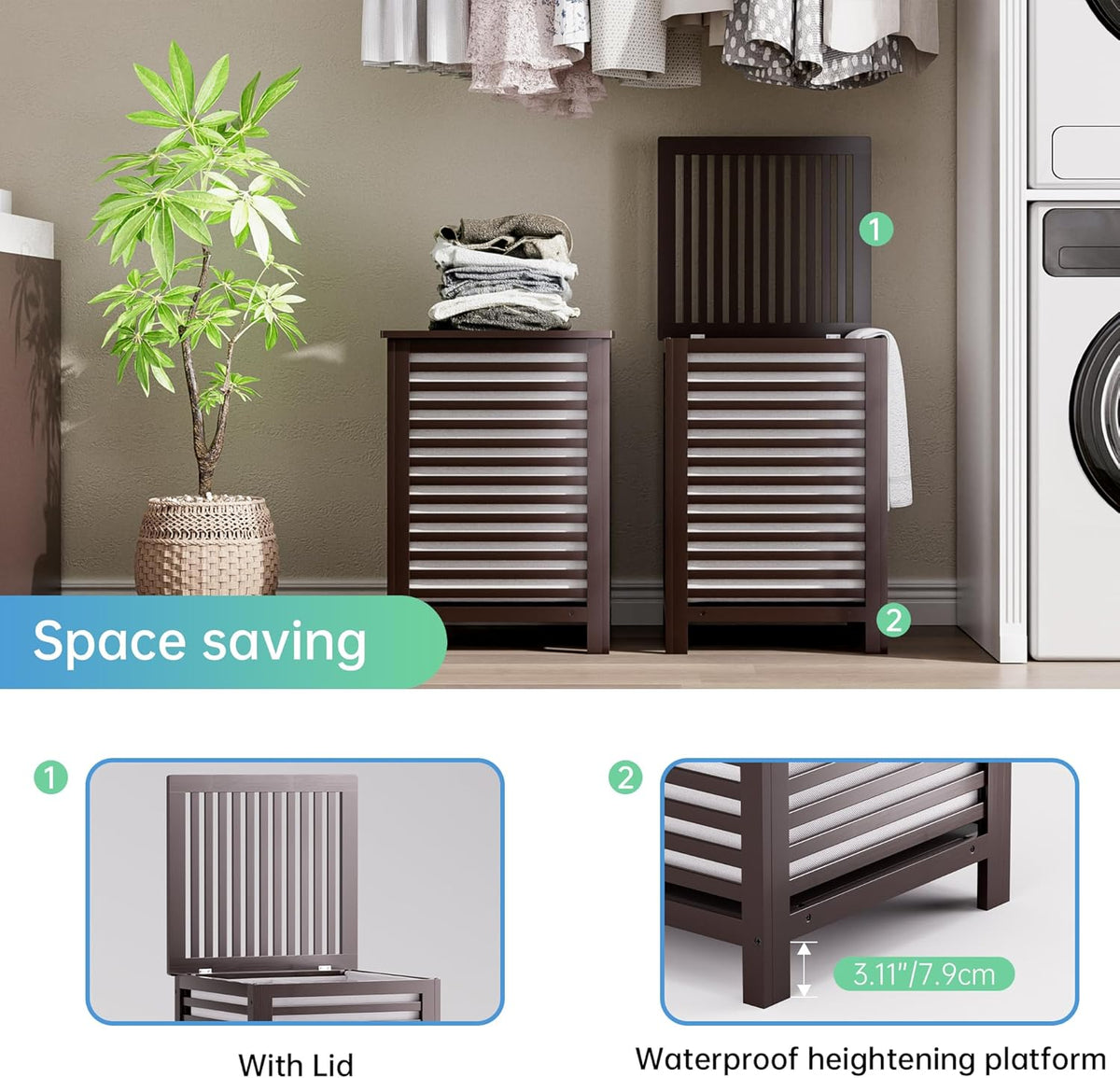 SMIBUY Double Laundry Hamper with Lid, 120L Bamboo Laundry Basket with Removable Liner Bag