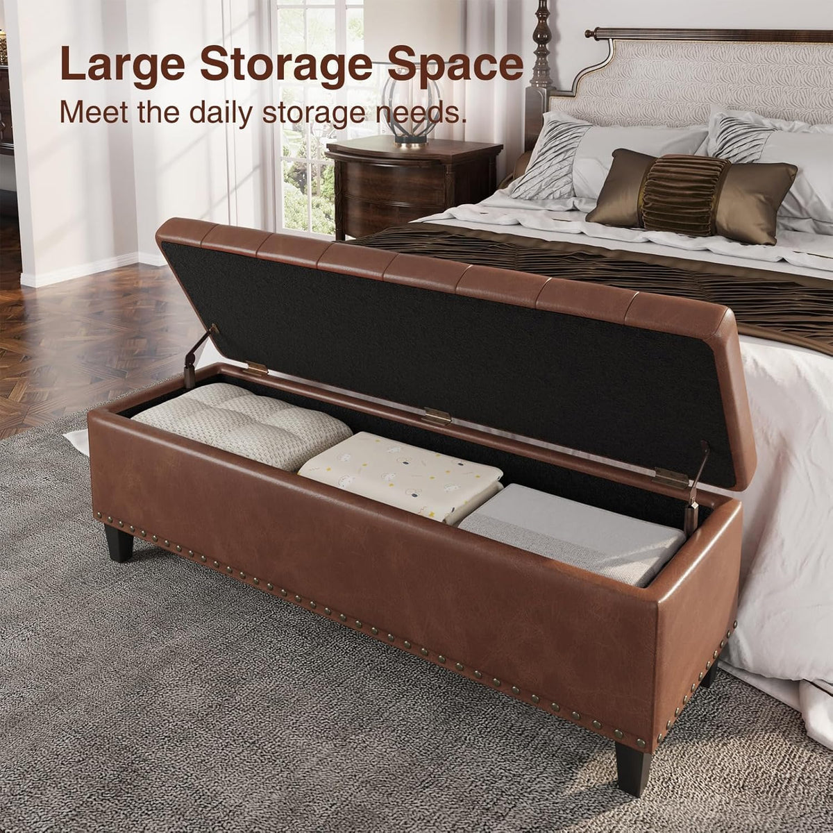 Storage Ottoman Bench, 51-Inch Large Storage Bench for Bedroom End of Bed, 30 Gallons Faux Leather