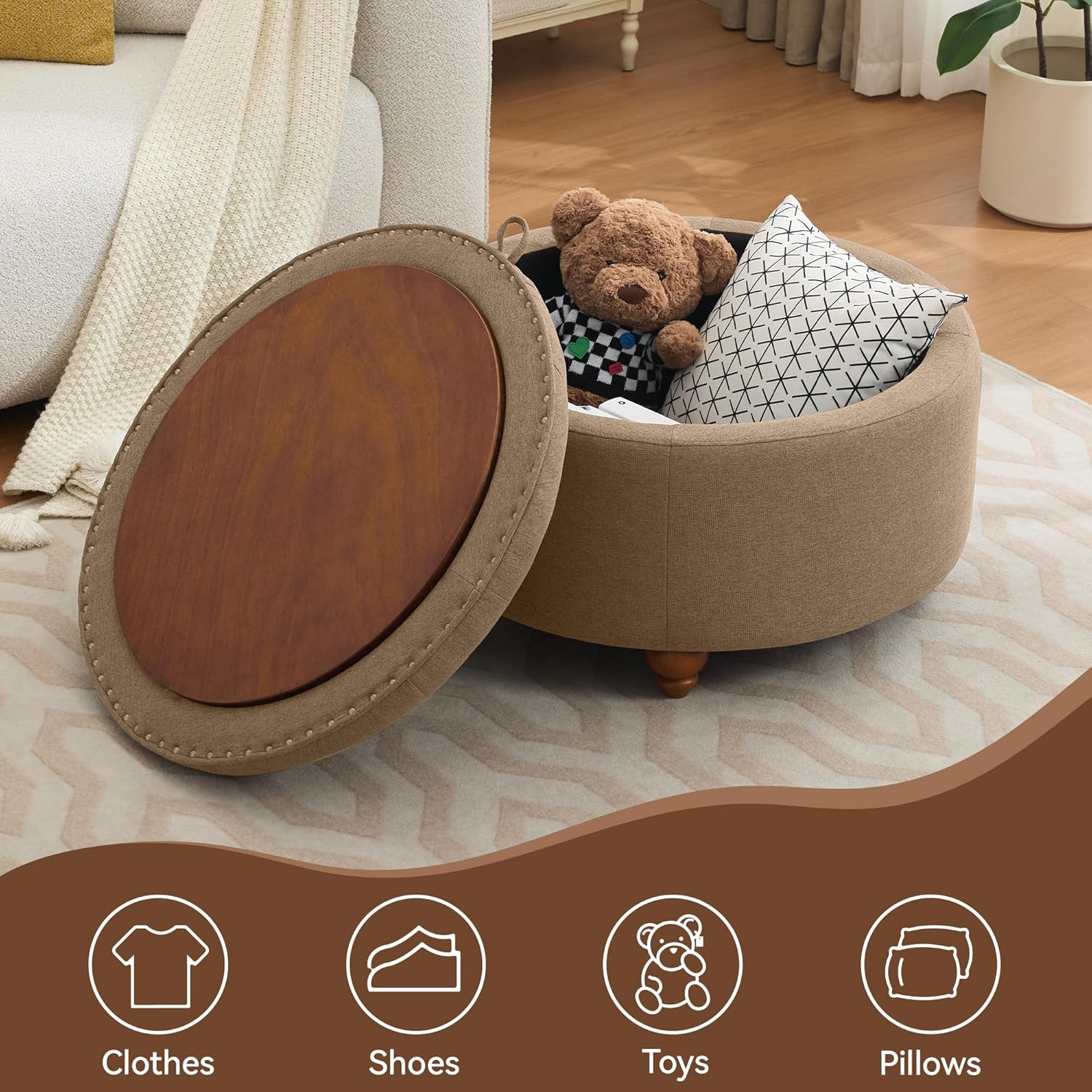 30Inch Round Storage Ottoman with Tray, Modern Tufted Fabric Circle Coffee Table with Storage
