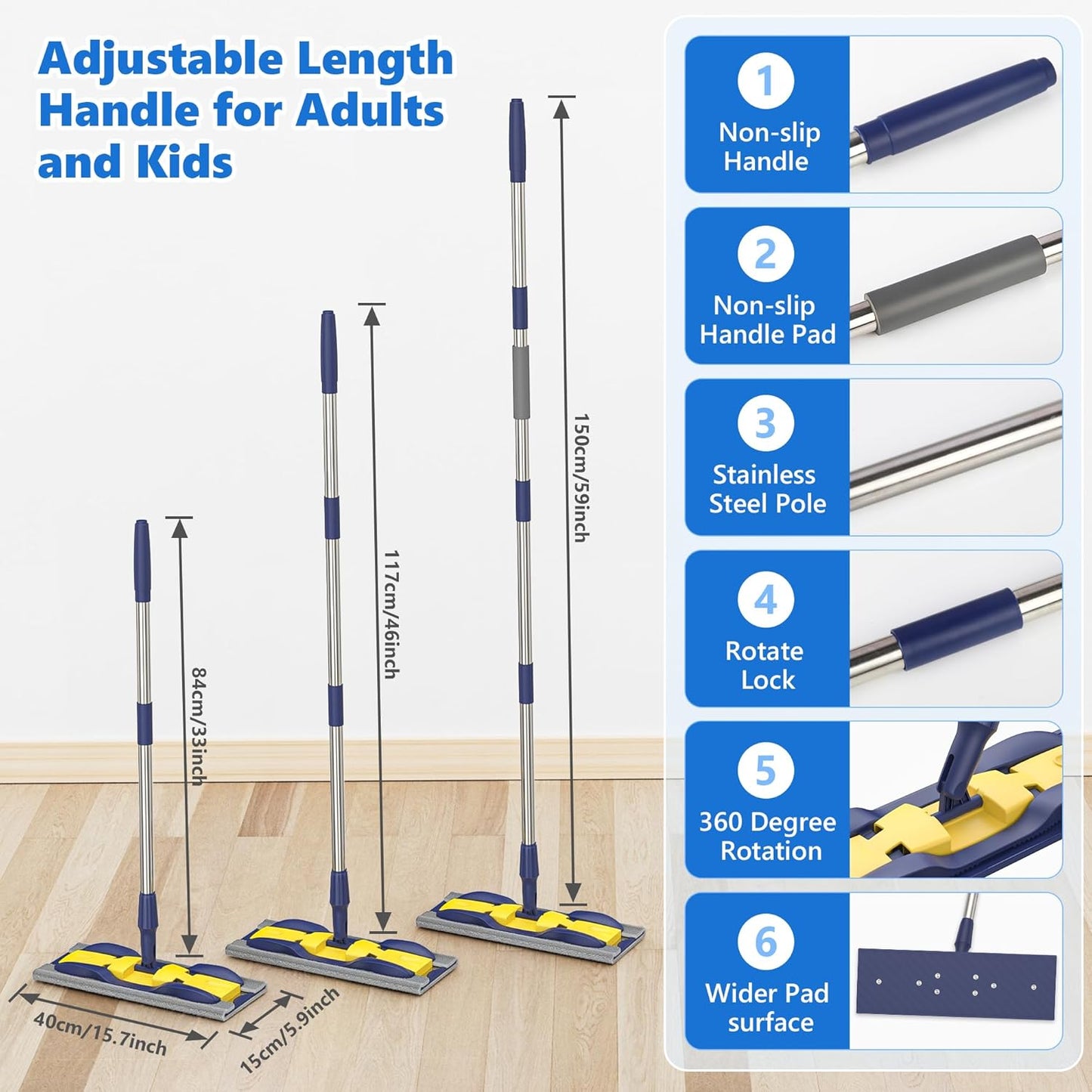 MEXERRIS Microfiber Flat Mop for Hardwood Laminate Tile Floor Cleaning: Stainless Steel Handle - 4